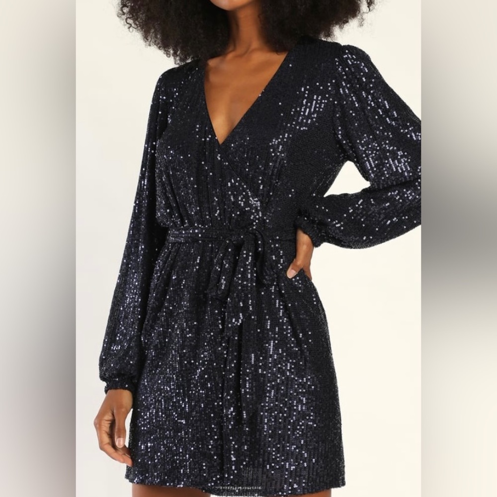 Lulus - Sparkly Darling Navy Blue Sequin Long Sleeve Wrap Dress